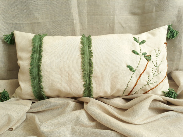 Lumber Cushion in Plain Natural Linen with Hand Embroided Design